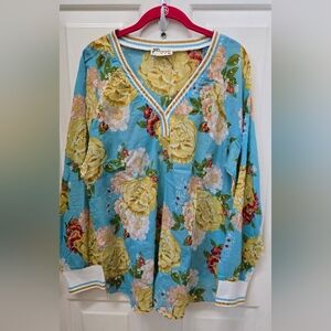 Magazine Brand Colorful Floral V-Neck Boho Blouse with Striped Trim Size XL-NWOT
